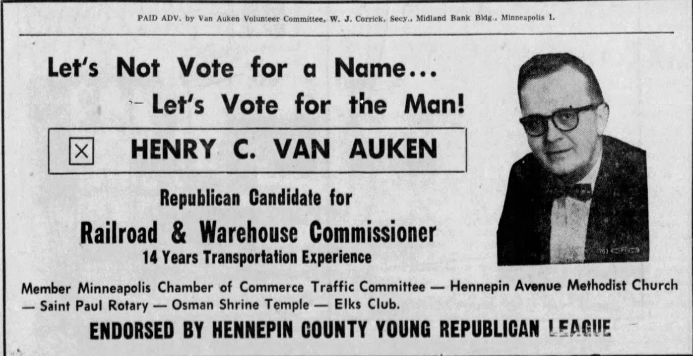 Print advertisement for Henry C. Van Auken's 1956 Railroad and Warehouse Commissioner Republican primary campaign