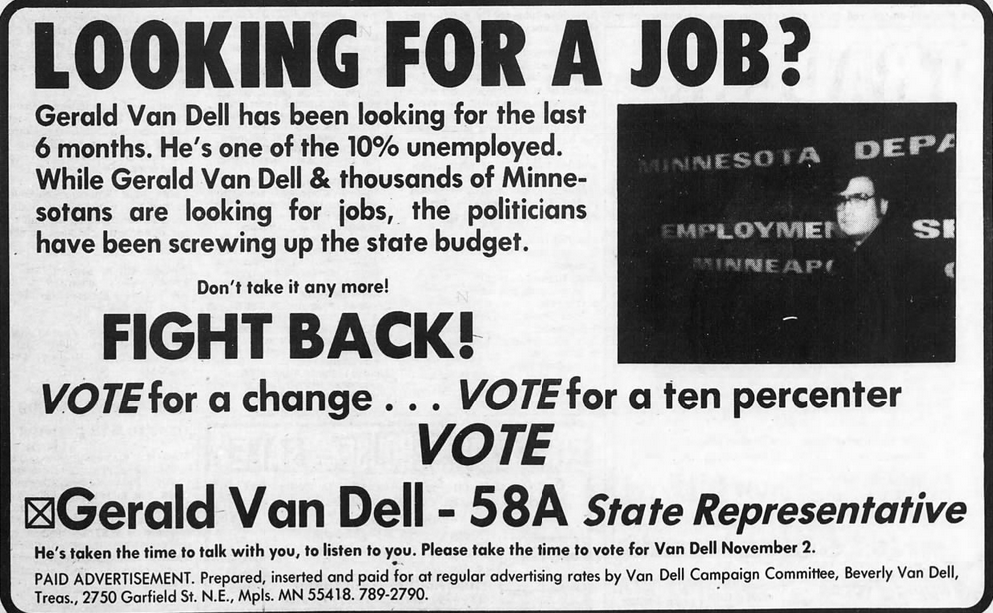 Print advertisement for Gerald Van Dell's 1982 HD 58A general election campaign