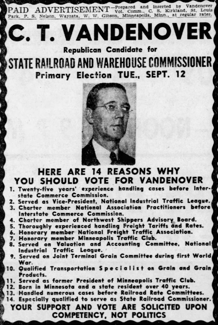 Print advertisement for Chester Vandenover's 1956 Railroad and Warehouse Commissioner Republican primary campaign