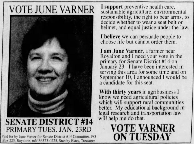 Print advertisement for June Varner's 1996 SD 14 special Republican primary campaign