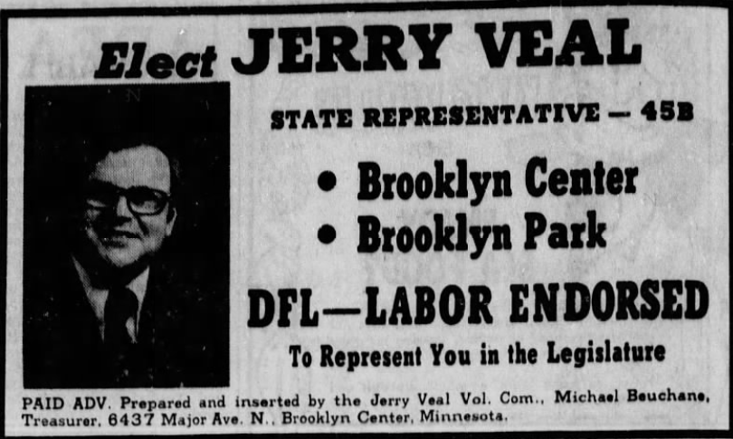 Print advertisement for Jerry Veal's 1972 HD 45B general election campaign