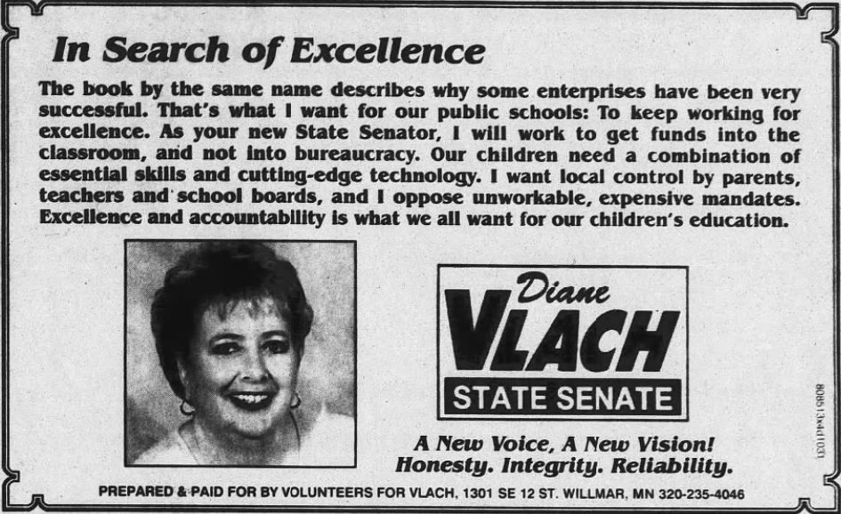 Print advertisement for Diane Vlach's 2000 SD 15 general election campaign
