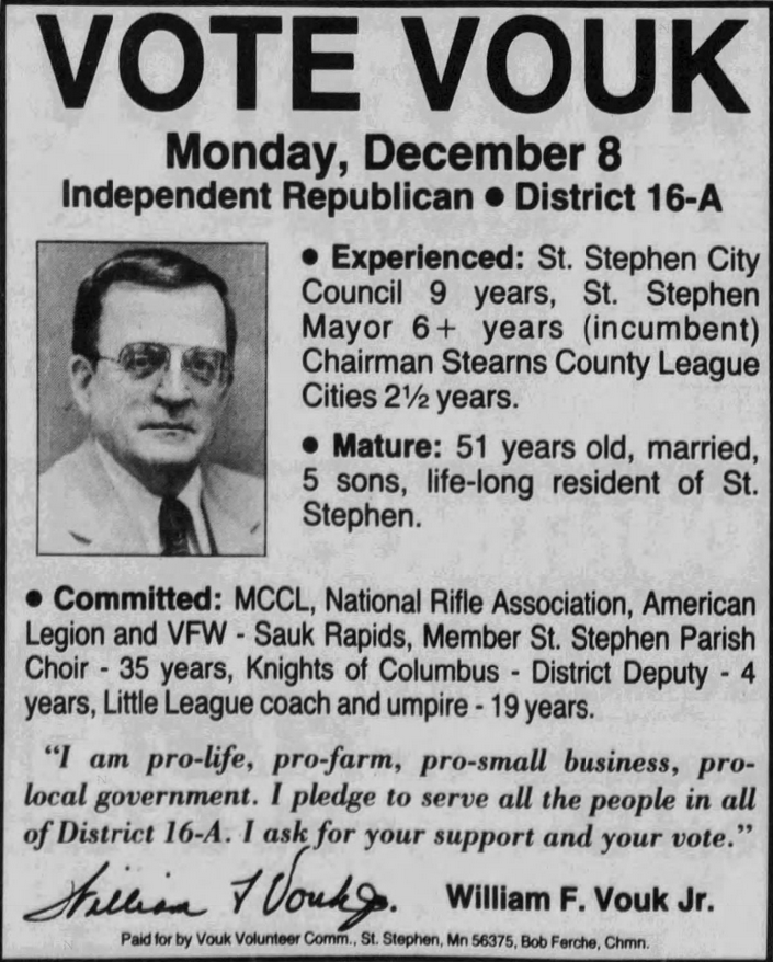 Print advertisement for William F. Vouk's 1986 HD 16A Independent-Republican special primary campaign