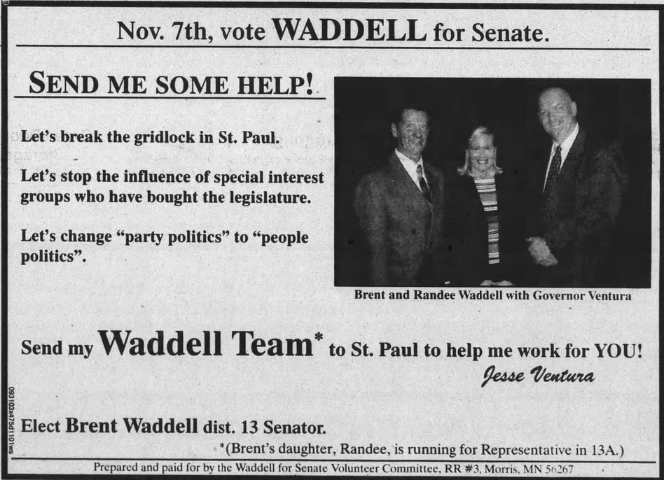 Print advertisement for Randee Waddell's 2000 HD 13A general election campaign