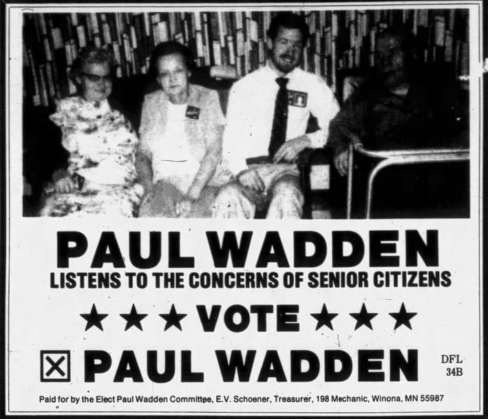 Print advertisement for Paul Wadden's 1982 HD 34B general election campaign