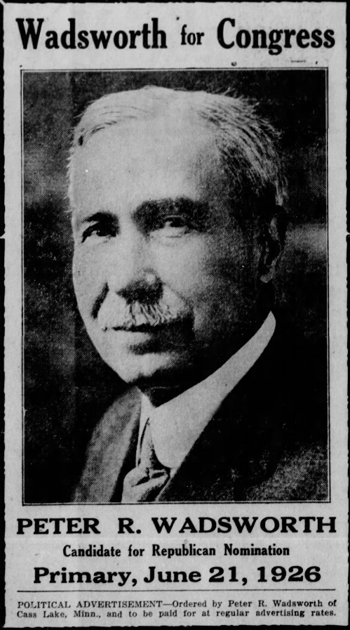 Print advertisement for Peter R. Wadsworth's 1926 CD 06 Republican primary campaign