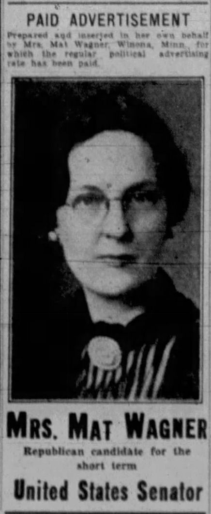 Print advertisement for Florence Wagner's 1942 special U.S. Senate Republican primary campaign