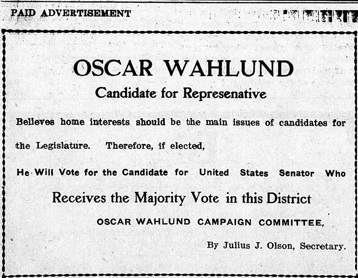 Print advertisement for Oscar Wahlund's 1912 HD 63 general election campaign