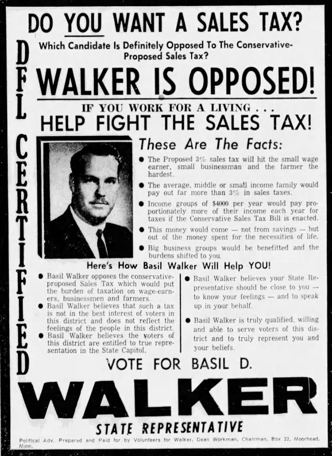 Print advertisement for Basil D. Walker's 1962 HD 56 primary election campaign