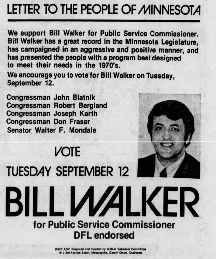 Print advertisement for Bill Walker's 1972 Public Service Commissioner DFL primary campaign
