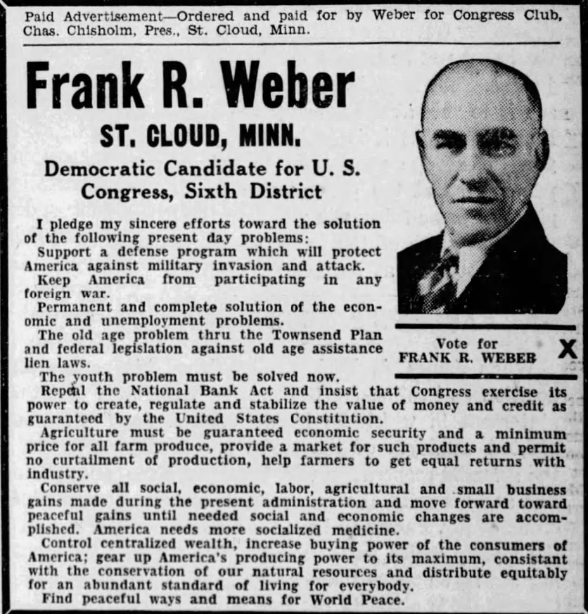 Print advertisement for Frank R. Weber's 1940 CD 06 Democratic primary campaign