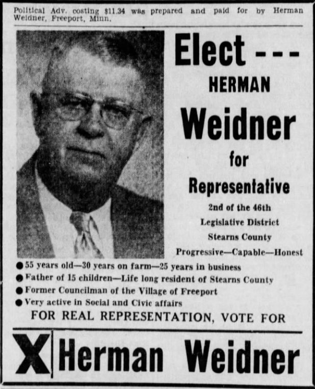 Print advertisement for Herman Weidner's 1954 HD 46 general election campaign