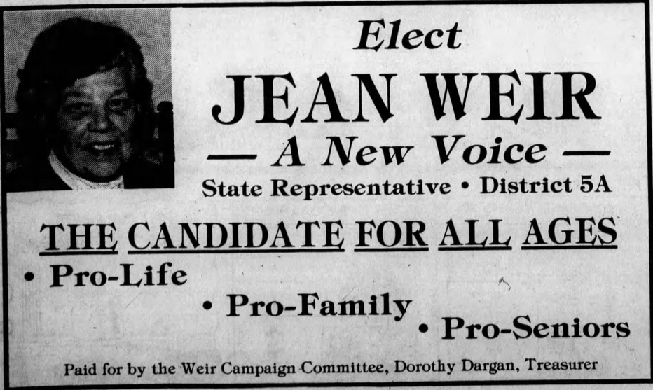 Print advertisement for Jean Weir's 1990 HD 06A general election campaign
