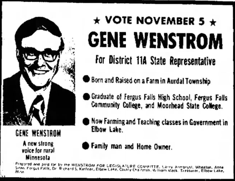 Print advertisement for Gene R. Wenstrom's 1974 HD 11A general election campaign