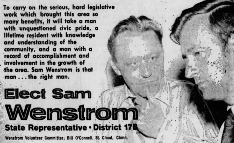 Print advertisement for Sam Wenstrom's 1972 HD 17B primary election campaign