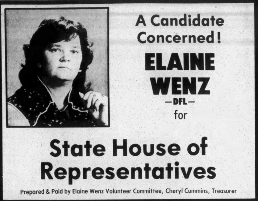 Print advertisement for Elaine Wenz's 1982 HD 31A general election campaign