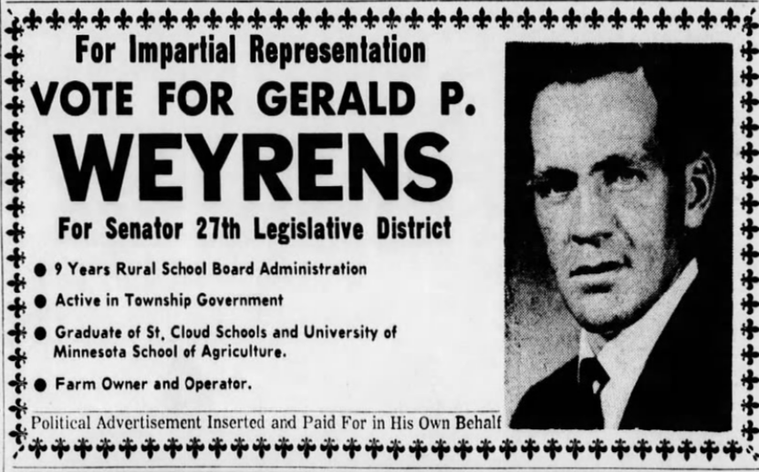 Print advertisement for Gerald P. (Jerry) Weyrens' 1964 SD 27 special primary election