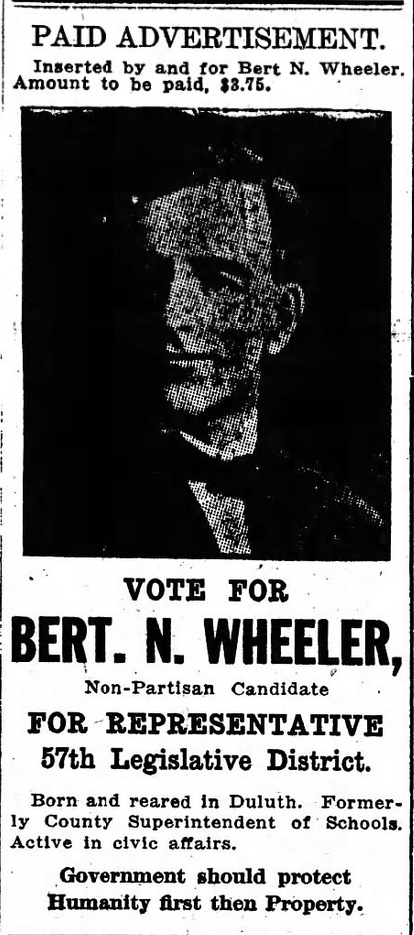 Print advertisement for Bert N. Wheeler's 1914 HD 57 general election campaign