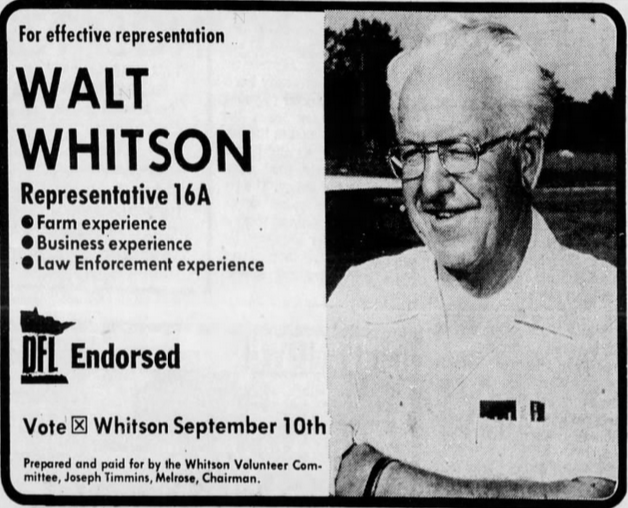 Print advertisement for Walt Whitson's 1974 HD 16A primary electionc campaign