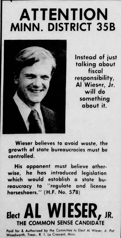 Print advertisement for Al Wieser's 1974 HD 35B general election campaign