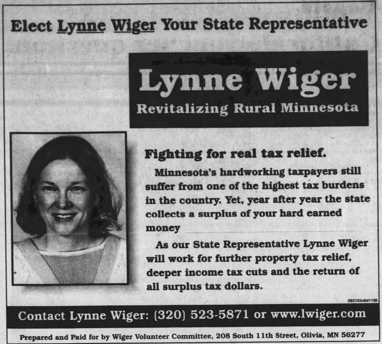 Print advertisement for Lynne Wiger's 2000 HD 15B general election campaign
