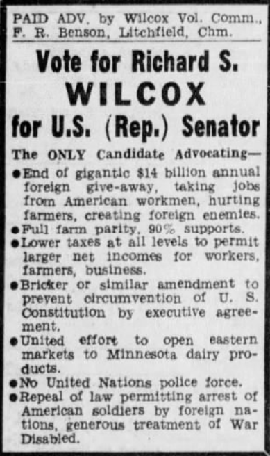 Print advertisement for Richard S. Wilcox's 1954 U.S. Senate Republican primary election campaign