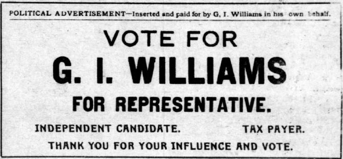 Print advertisement for George William's 1926 HD 61 general election campaign