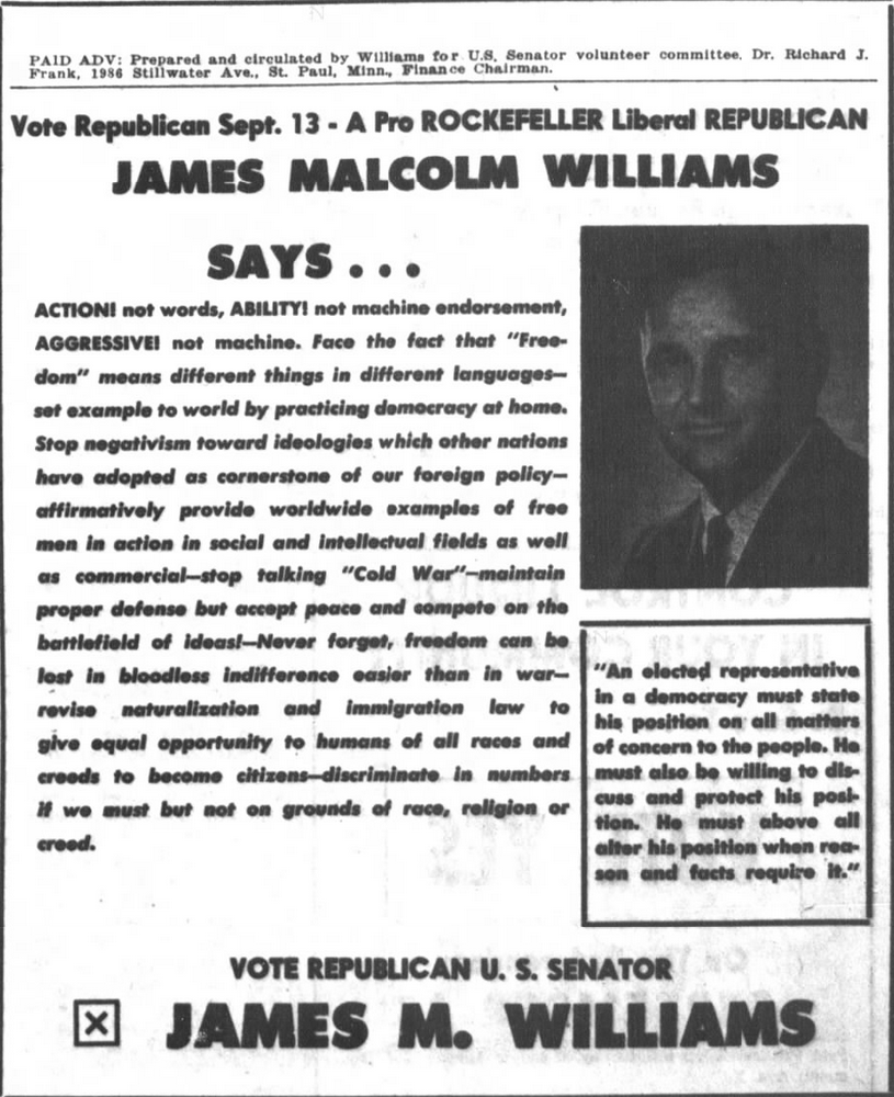 Print advertisement for James Malcolm Williams' 1960 U.S. Senate Republican primary campaign