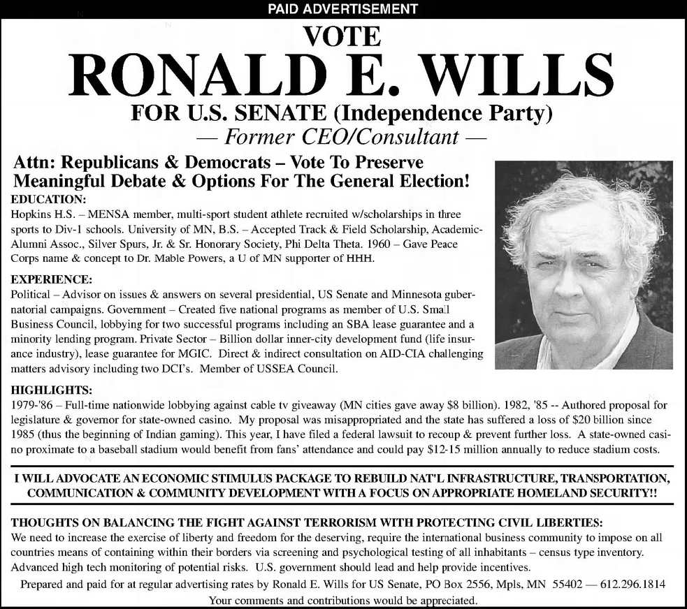 Print advertisement for Ronald E. Wills 2002 Independence Party U.S. Senate primary campaign