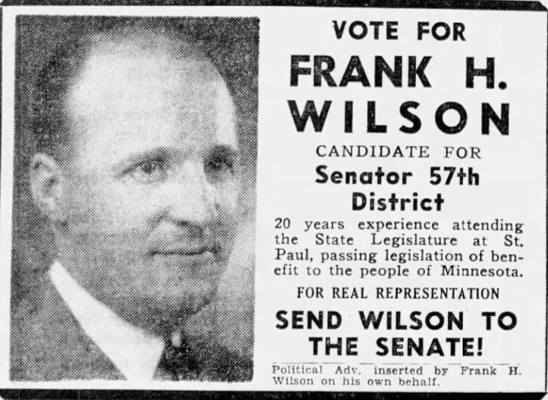 Print advertisement for Frank H. Wilson's 1946 SD 57 general election campaign