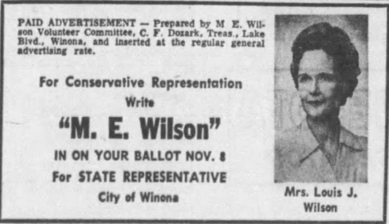 Print advertisement for Miloty Wilson's 1960 HD 02 general election campaign