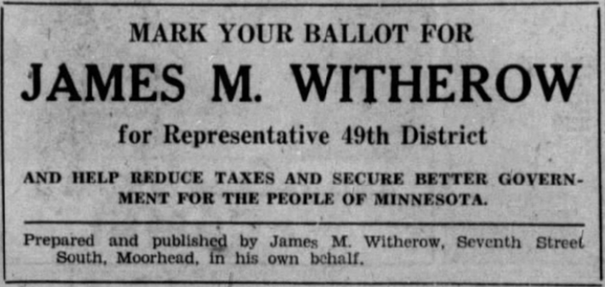 Print advertisement for James M. Witherow's 1934 HD 49 primary election campaign
