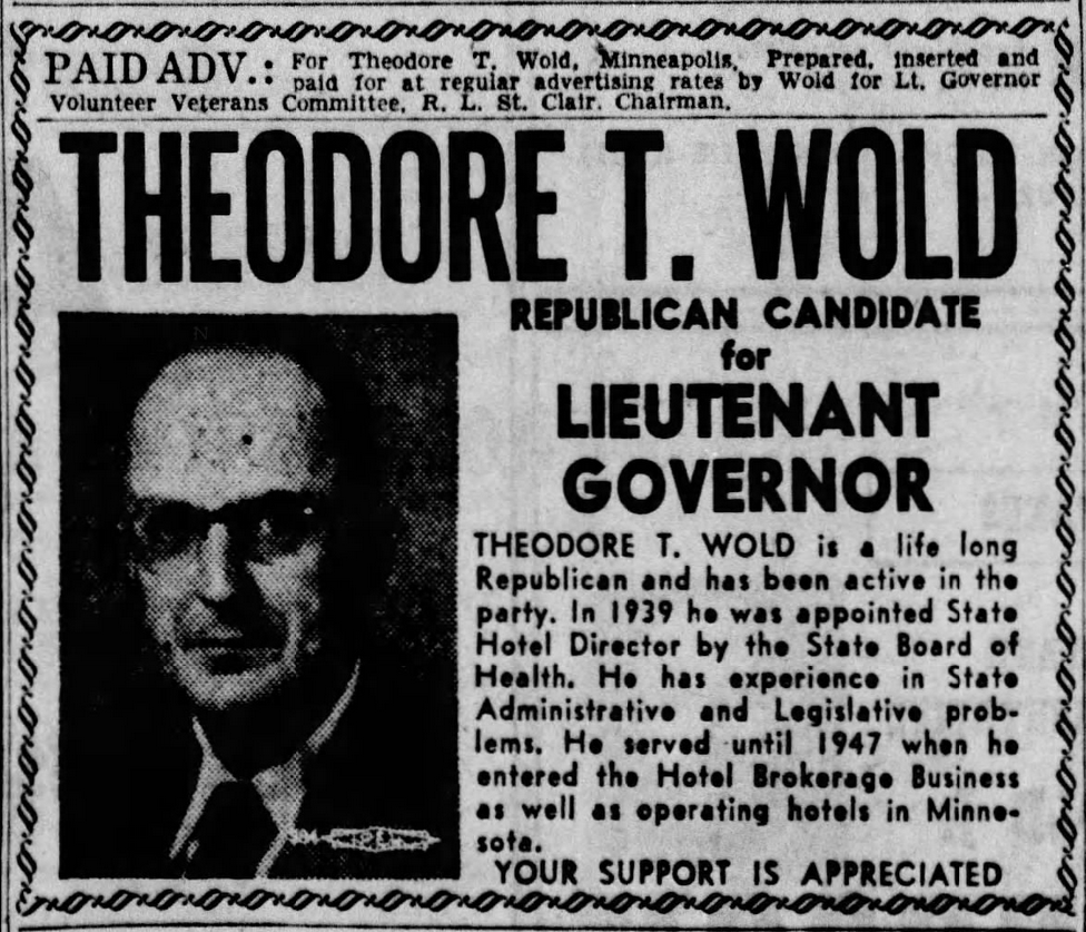 Print advertisement for Theodore Wold's 1954 Republican Lieutenant Gubernatorial primary campaign