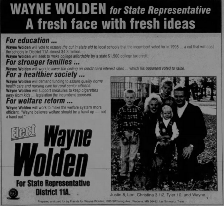 Print advertisement for Wayne Wolden's 1996 HD 11A general election campaign
