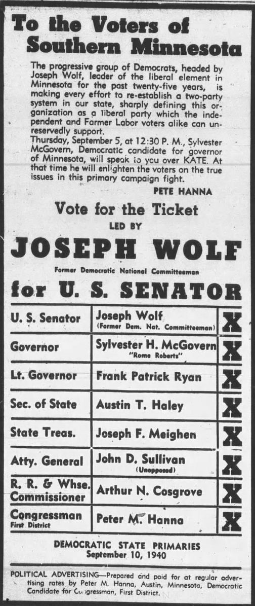 Print advertisement for Joseph Wolf's 1940 Democratic U.S. Senate primary campaign