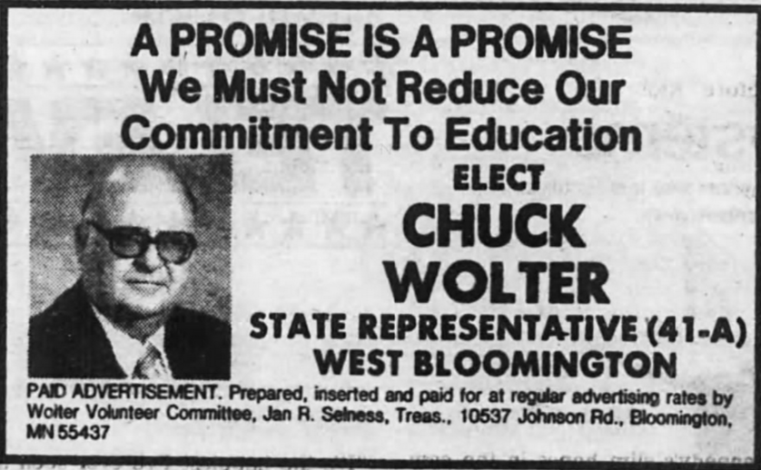 Print advertisement for Chuck Wolter's 1982 HD 41A general election campaign
