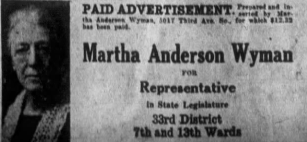 Print advertisement for Martha Anderson Wyman's 1922 HD 33 general election campaign