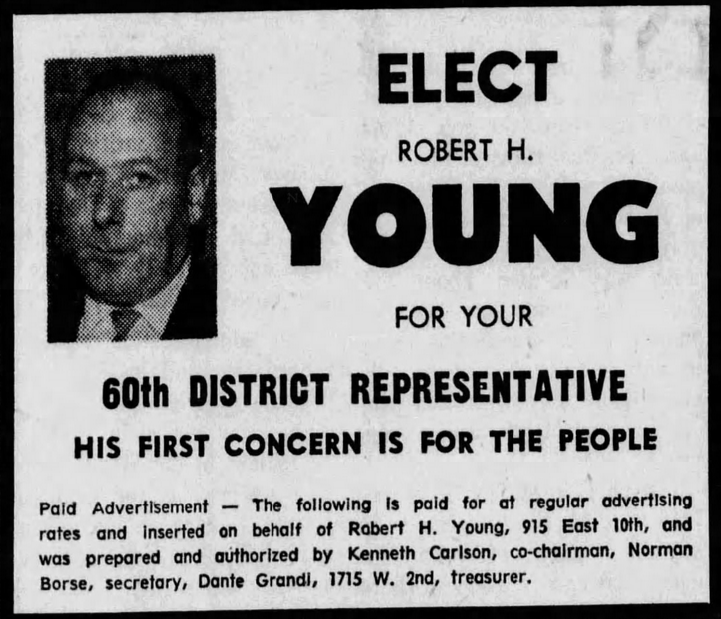 Print advertisement for Robert Henry Young's 1964 HD 60 general election campaign