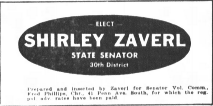 Print advertisement for Shirley E. Zaverl's 1950 SD 30 general election campaign