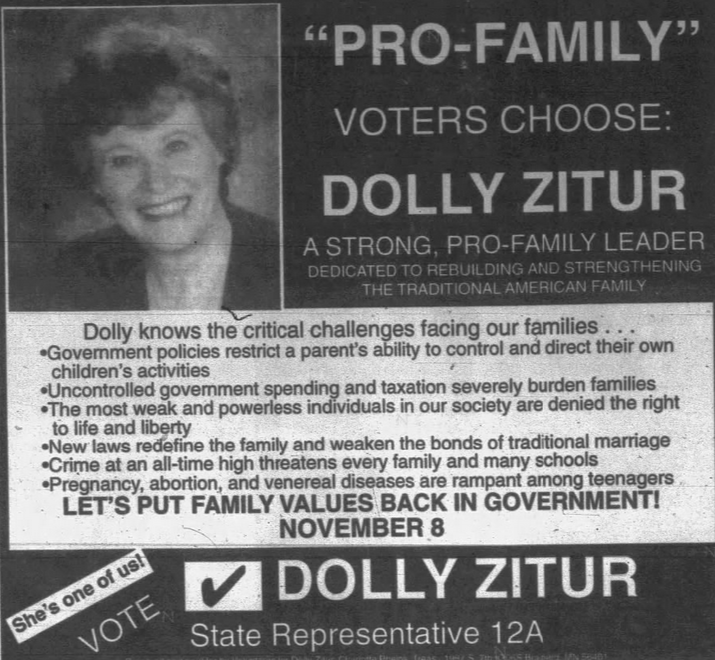 Print advertisement for Dolly M. Zitur's 1994 HD 12A general election campaign